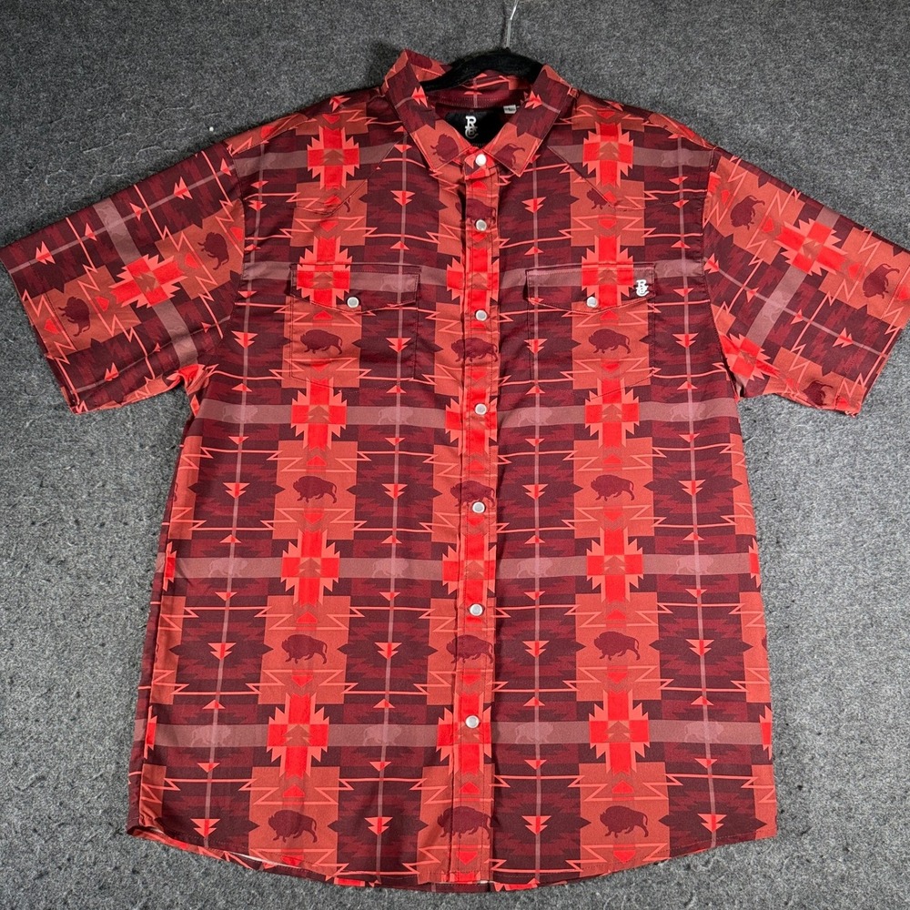 Raised By Coyotes Mens Red Southwestern Bison Pearl Snap Western Shirt Large